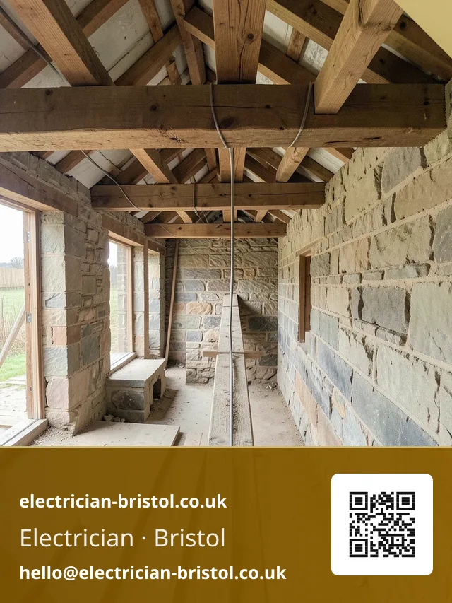 New electrics being first-fixed among exposed beams in a barn conversion