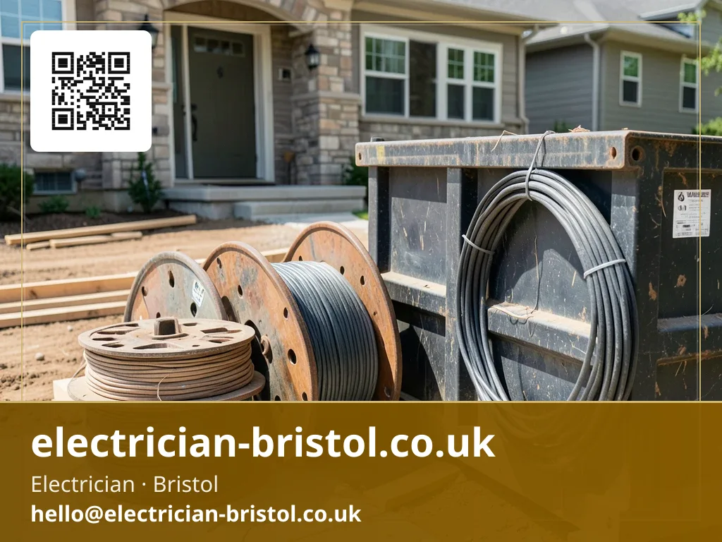 Cable reels and offcuts stacked beside a skip on a renovation site