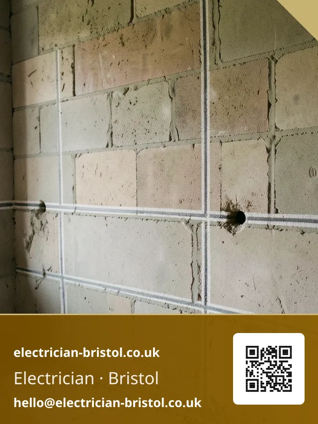Cable routes marked in chalk across bare masonry before chasing begins