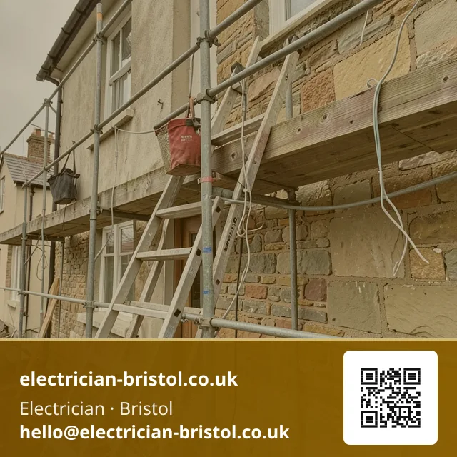 Electrician's ladder standing against a scaffold-clad house wall