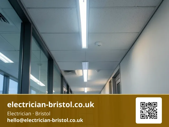 Emergency lighting fitting on an office corridor ceiling being tested with a key-switch