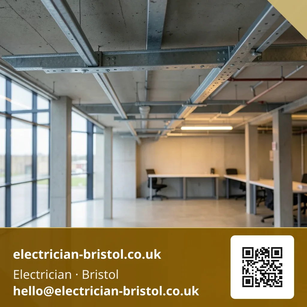 Cable tray being installed along a suspended ceiling void during an office fit-out