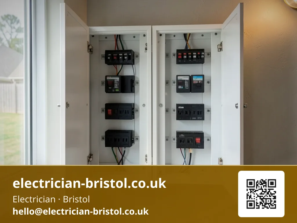 Split-load board with two RCDs viewed through its open front