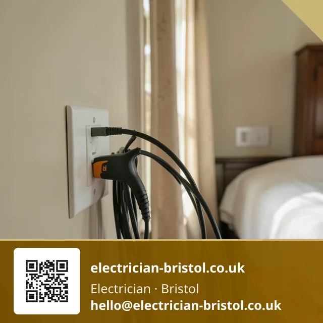 Loop impedance tester clipped to a socket faceplate mid-inspection