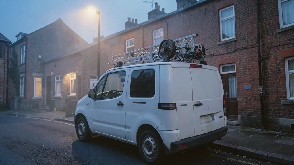 Liveryless white van parked kerbside with a ladder and cable reel racked on its roof bars