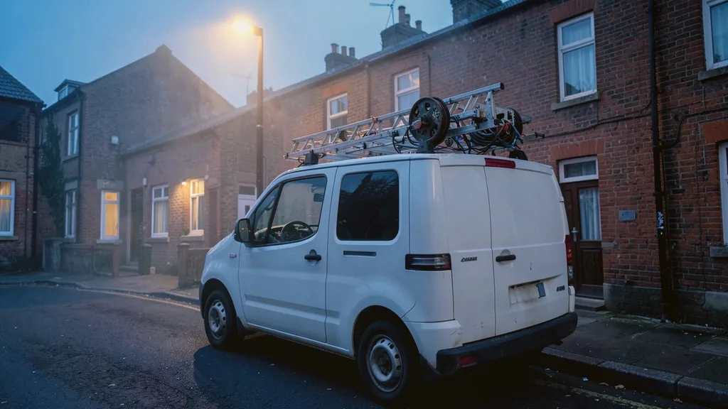 Liveryless white van parked kerbside with a ladder and cable reel racked on its roof bars