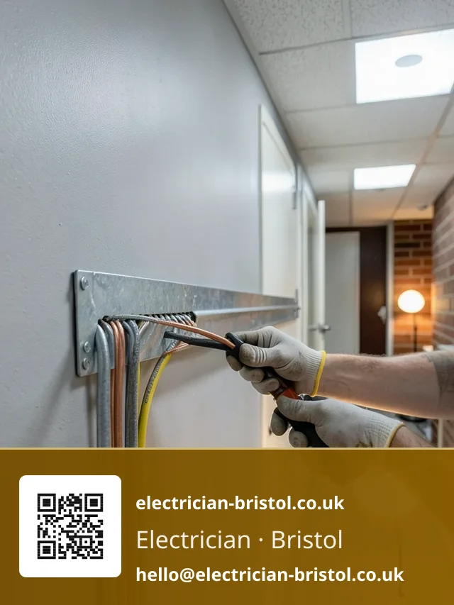 Galvanised steel cable containment trunking being screwed to a corridor wall