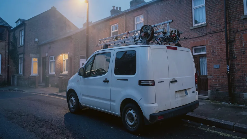 Liveryless white van parked kerbside with a ladder and cable reel racked on its roof bars