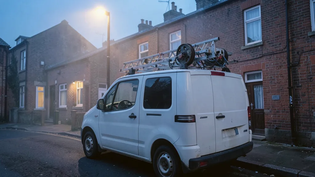Liveryless white van parked kerbside with a ladder and cable reel racked on its roof bars