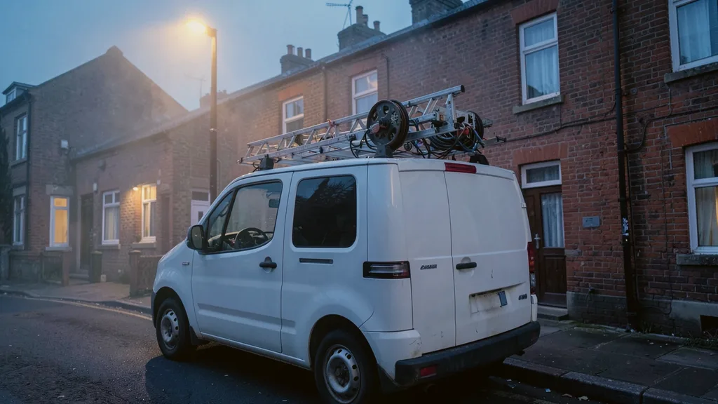 Liveryless white van parked kerbside with a ladder and cable reel racked on its roof bars