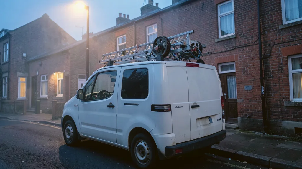 Liveryless white van parked kerbside with a ladder and cable reel racked on its roof bars