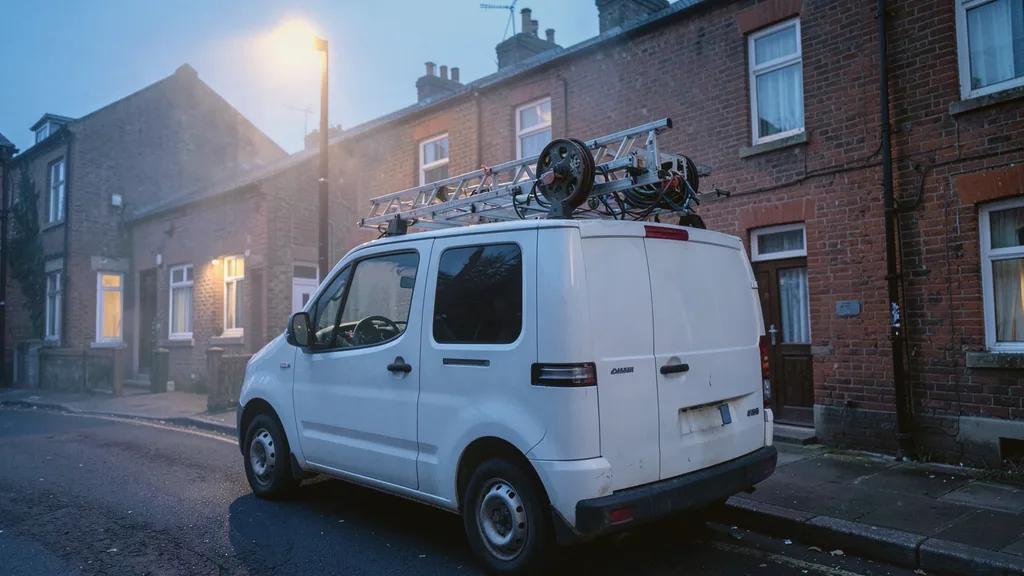 Liveryless white van parked kerbside with a ladder and cable reel racked on its roof bars