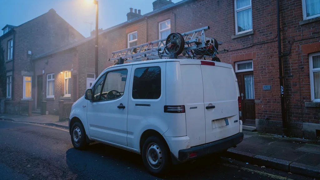 Liveryless white van parked kerbside with a ladder and cable reel racked on its roof bars