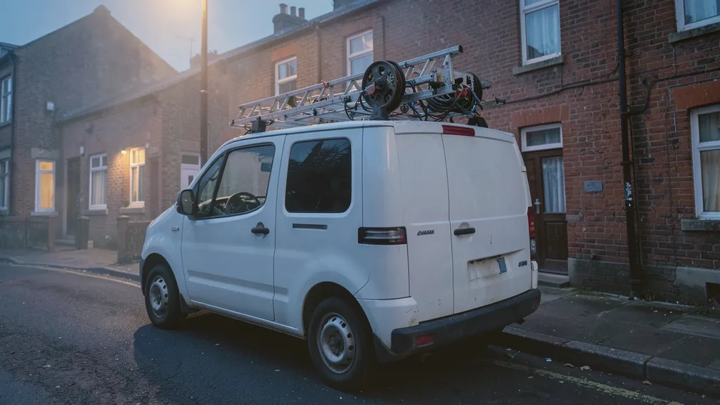 Liveryless white van parked kerbside with a ladder and cable reel racked on its roof bars