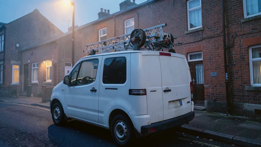Liveryless white van parked kerbside with a ladder and cable reel racked on its roof bars