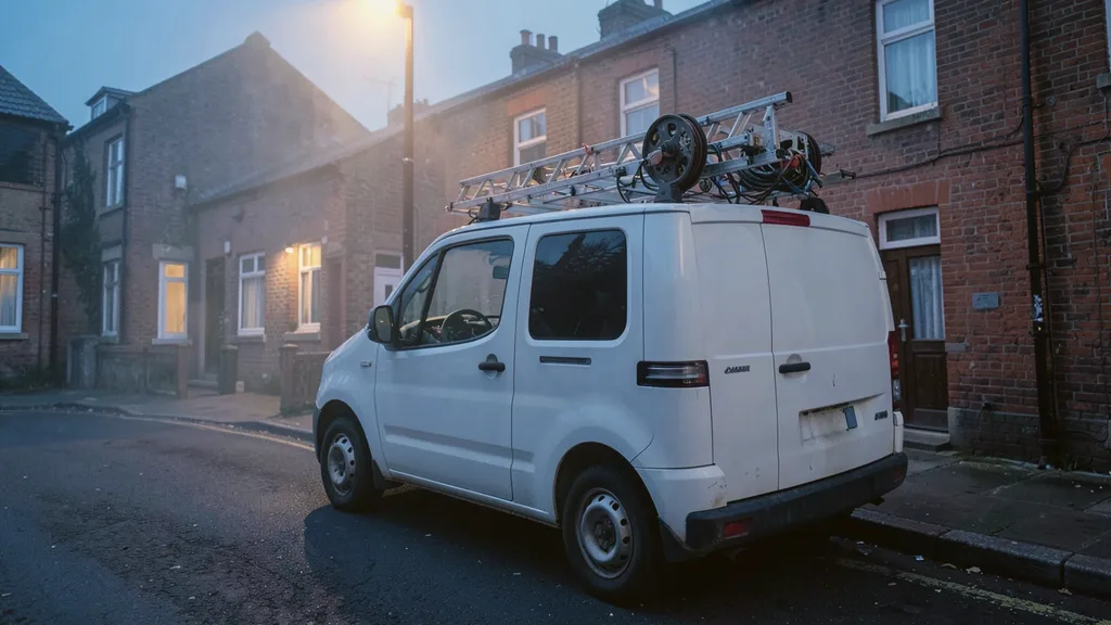 Liveryless white van parked kerbside with a ladder and cable reel racked on its roof bars