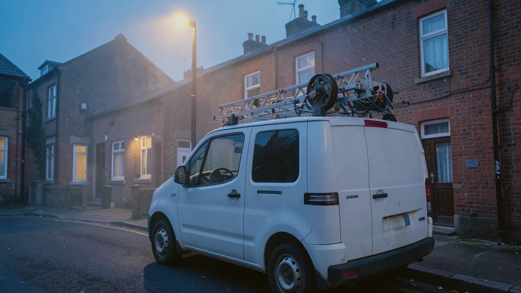 Liveryless white van parked kerbside with a ladder and cable reel racked on its roof bars