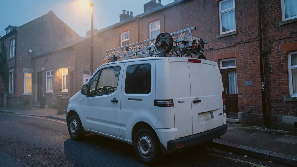 Liveryless white van parked kerbside with a ladder and cable reel racked on its roof bars