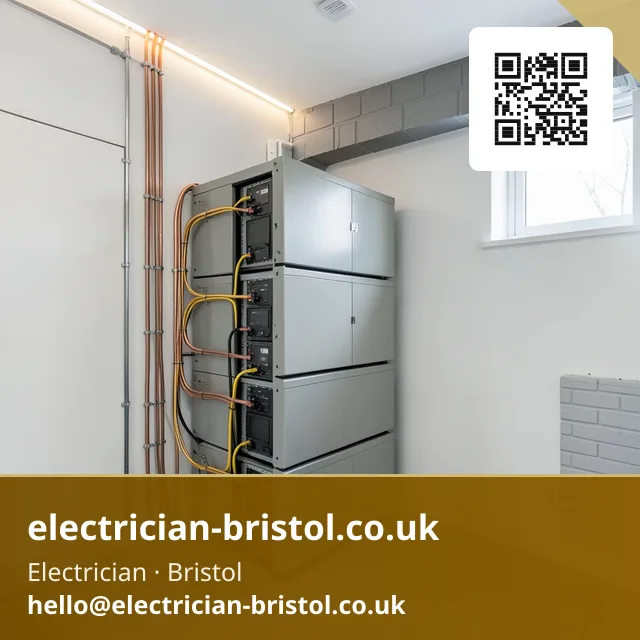 Battery storage units being stacked and wired together in a tidy utility room
