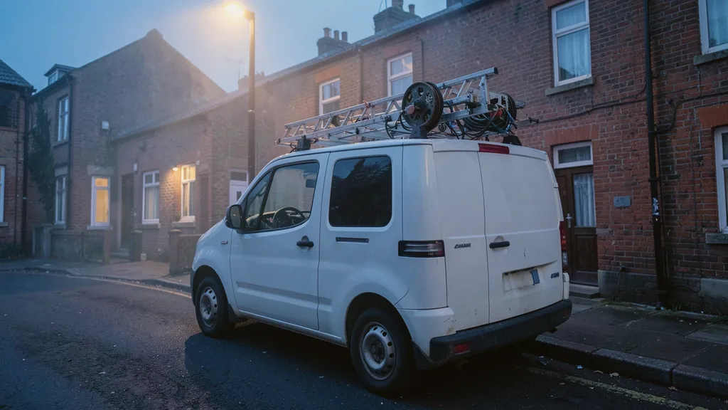 Liveryless white van parked kerbside with a ladder and cable reel racked on its roof bars