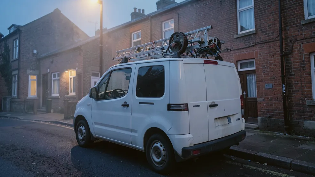 Liveryless white van parked kerbside with a ladder and cable reel racked on its roof bars