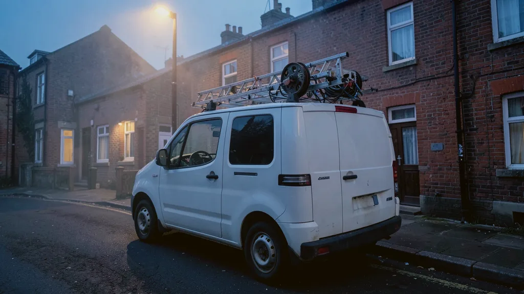 Liveryless white van parked kerbside with a ladder and cable reel racked on its roof bars