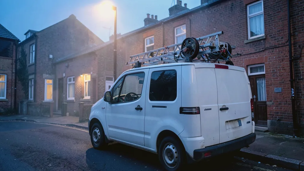 Liveryless white van parked kerbside with a ladder and cable reel racked on its roof bars