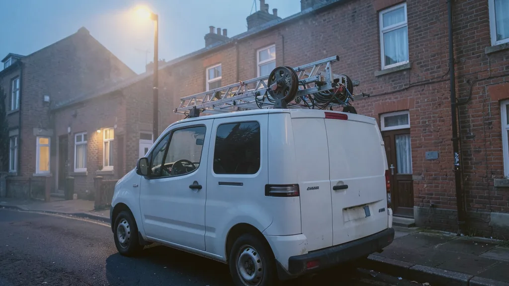 Liveryless white van parked kerbside with a ladder and cable reel racked on its roof bars
