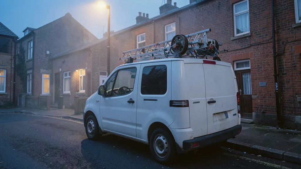 Liveryless white van parked kerbside with a ladder and cable reel racked on its roof bars