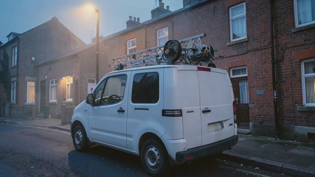 Liveryless white van parked kerbside with a ladder and cable reel racked on its roof bars
