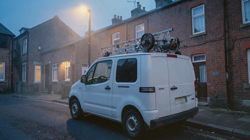 Liveryless white van parked kerbside with a ladder and cable reel racked on its roof bars