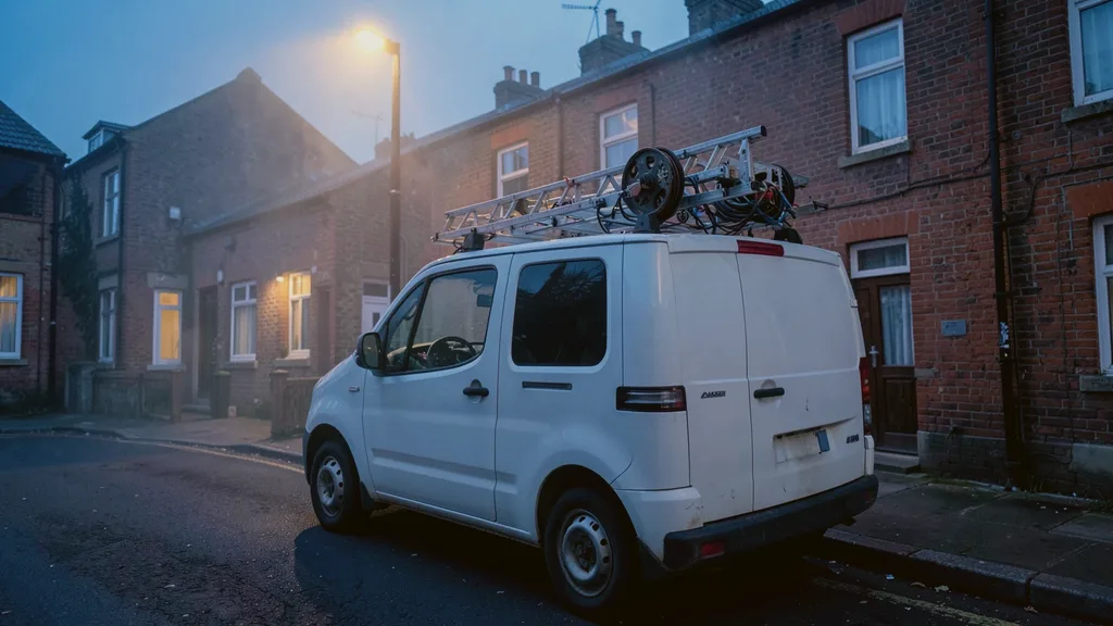 Liveryless white van parked kerbside with a ladder and cable reel racked on its roof bars