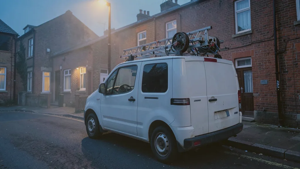 Liveryless white van parked kerbside with a ladder and cable reel racked on its roof bars