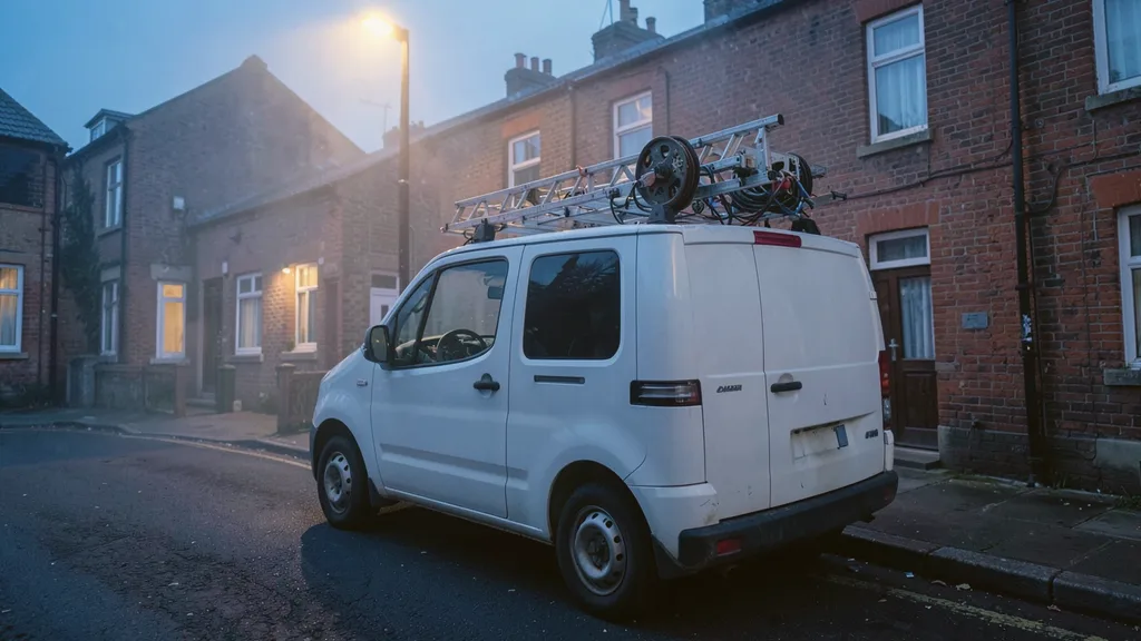 Liveryless white van parked kerbside with a ladder and cable reel racked on its roof bars