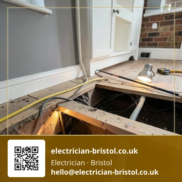 Twin-and-earth cable being clipped along a floor joist beneath lifted floorboards