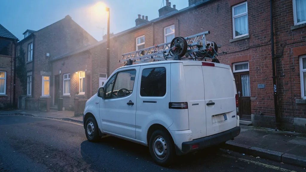 Liveryless white van parked kerbside with a ladder and cable reel racked on its roof bars