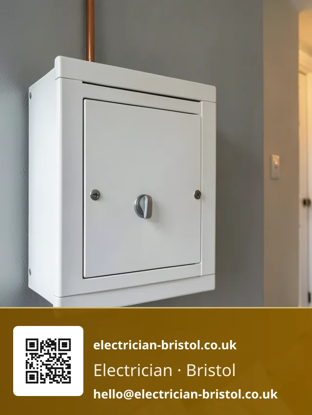 Closed white metal-clad consumer unit mounted on a hallway wall