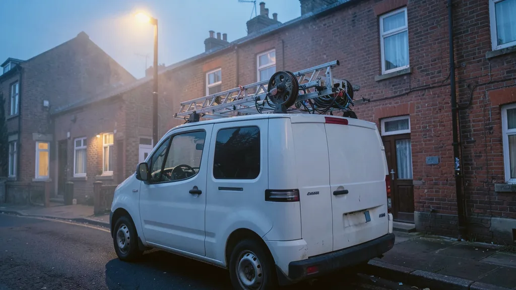 Liveryless white van parked kerbside with a ladder and cable reel racked on its roof bars