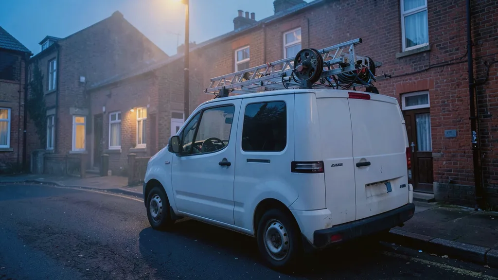 Liveryless white van parked kerbside with a ladder and cable reel racked on its roof bars