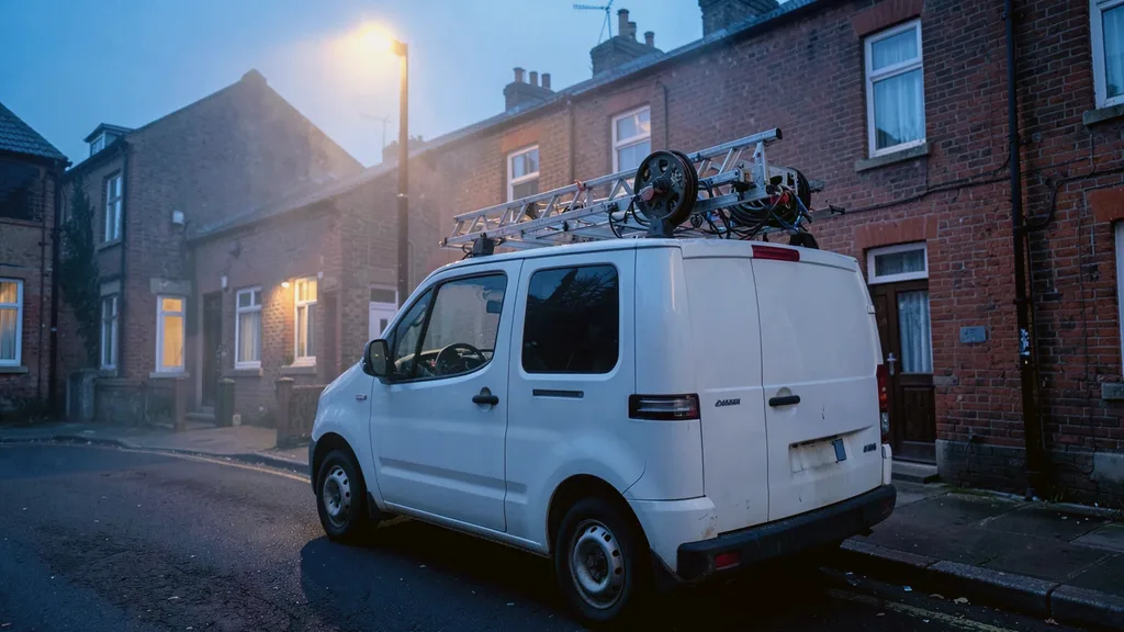 Liveryless white van parked kerbside with a ladder and cable reel racked on its roof bars