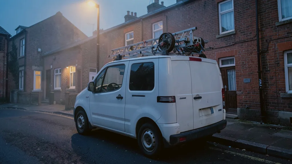Liveryless white van parked kerbside with a ladder and cable reel racked on its roof bars