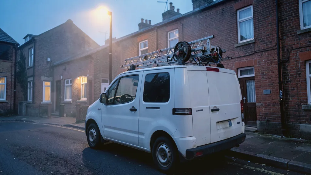 Liveryless white van parked kerbside with a ladder and cable reel racked on its roof bars
