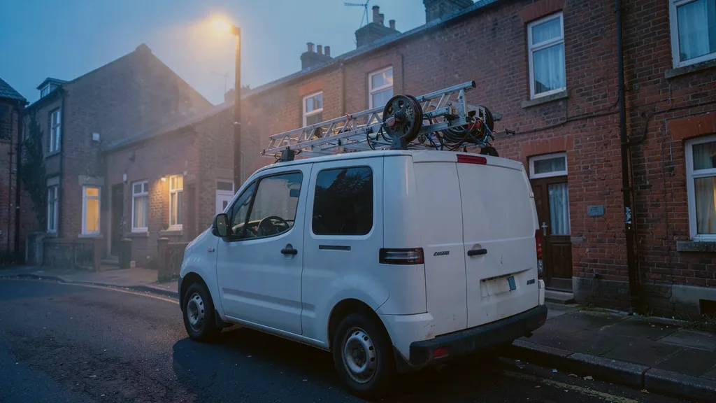Liveryless white van parked kerbside with a ladder and cable reel racked on its roof bars