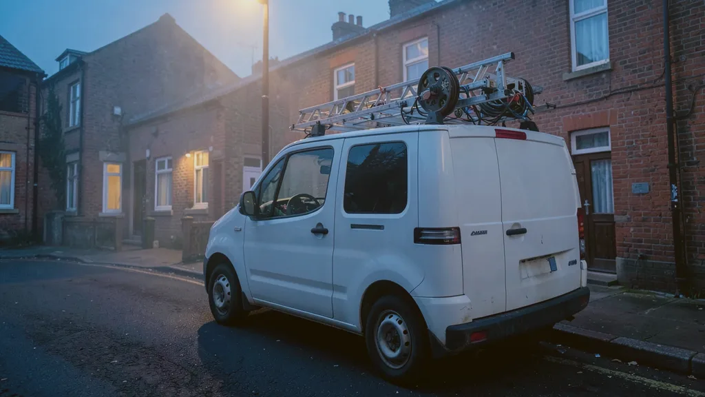 Liveryless white van parked kerbside with a ladder and cable reel racked on its roof bars