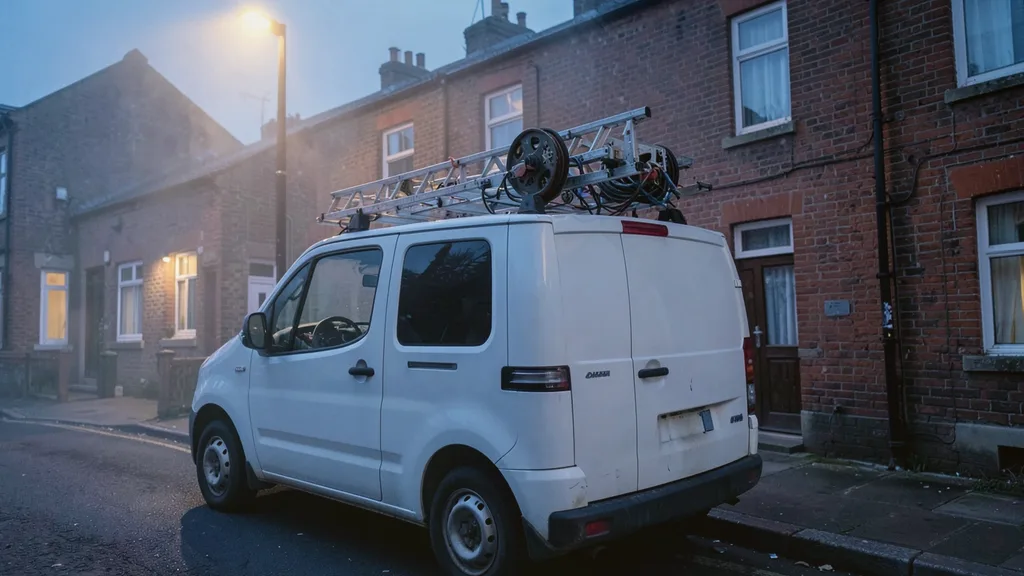 Liveryless white van parked kerbside with a ladder and cable reel racked on its roof bars