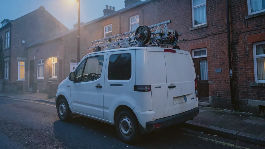 Liveryless white van parked kerbside with a ladder and cable reel racked on its roof bars