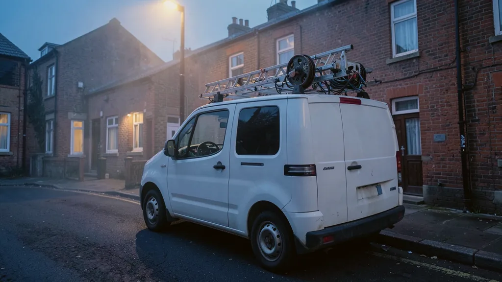 Liveryless white van parked kerbside with a ladder and cable reel racked on its roof bars