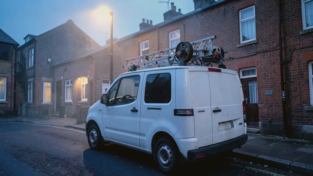 Liveryless white van parked kerbside with a ladder and cable reel racked on its roof bars