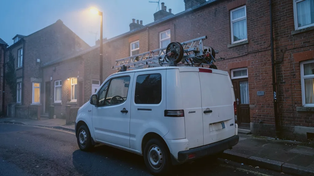 Liveryless white van parked kerbside with a ladder and cable reel racked on its roof bars