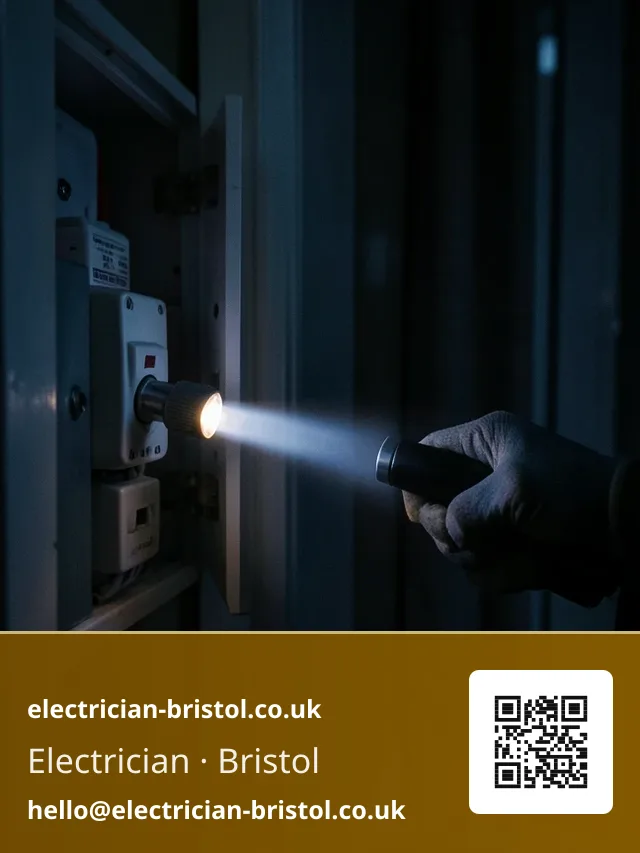 Torch beam held steady on a tripped RCD lever inside a dark hallway consumer unit